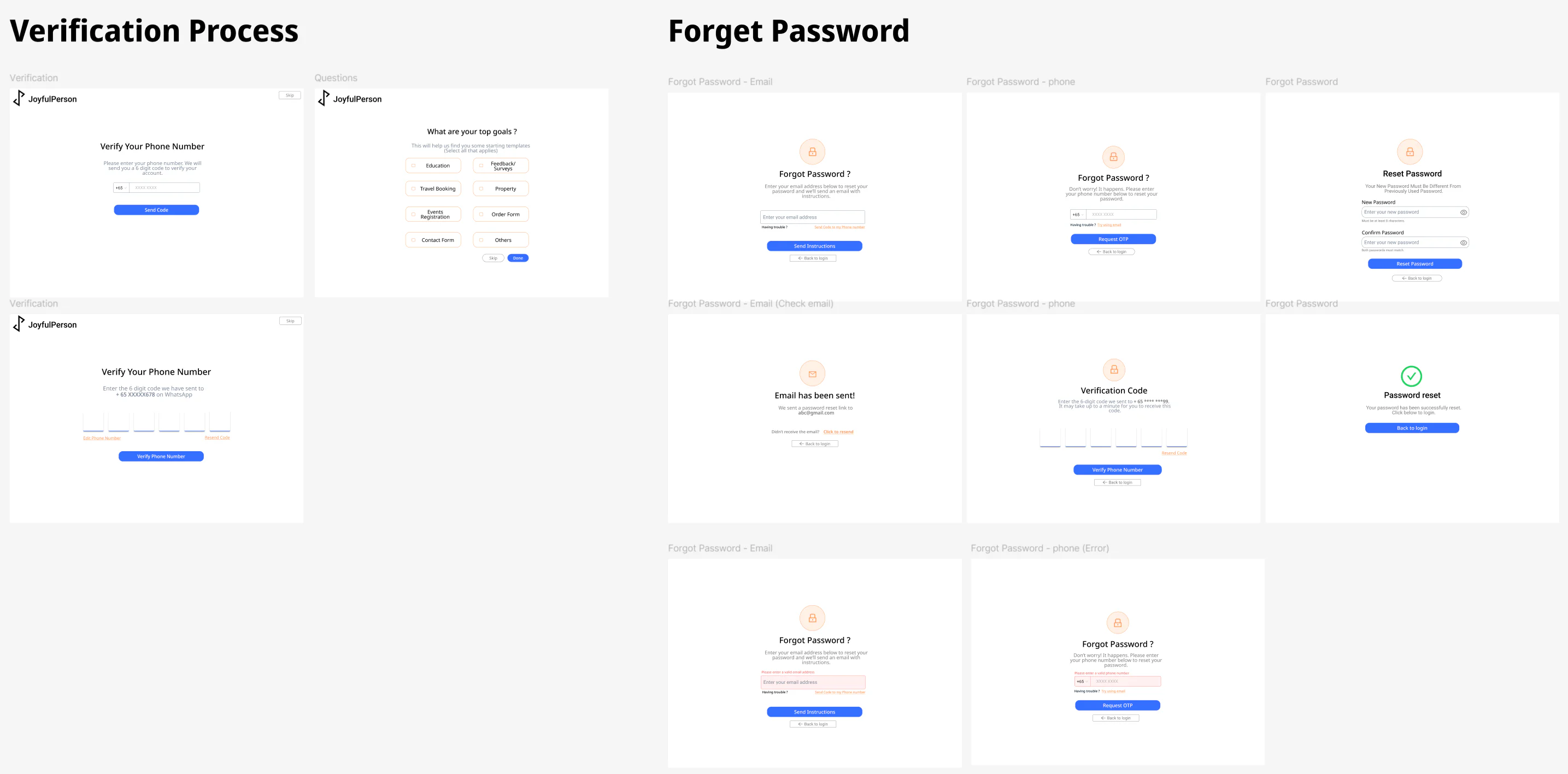 An overview of JoyForm’s phone verification, onboarding-question and email or phone password-recovery screens, including error and success states.